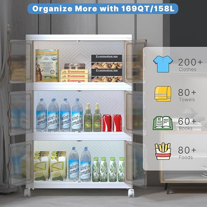 Extra Large Stackable Storage Bins with Lids&Wheels,375QT-125QT/32GAL*3Pack Collapsible Container Closet Organizers,Plastic Stackable Storage drawers for bedroom Dorm