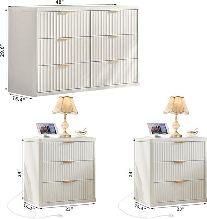 LEYAOYAO 48" Wide Fluted Dresser and 3 Drawers 23" Nightstand Set of 2,Wooden Dresser & Night Stand with Charging Station, 3 Piece Bedroom Furniture Set,Chest of Drawer for Living Room,Antique White