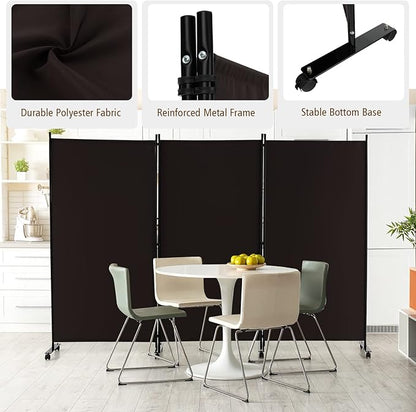 GOFLAME 3 Panel Folding Room Divider, 6FT Rolling Privacy Screen with Lockable Wheels, Portable Room Partition Screen, Freestanding Wall Divider and Separator for Home Office, Brown