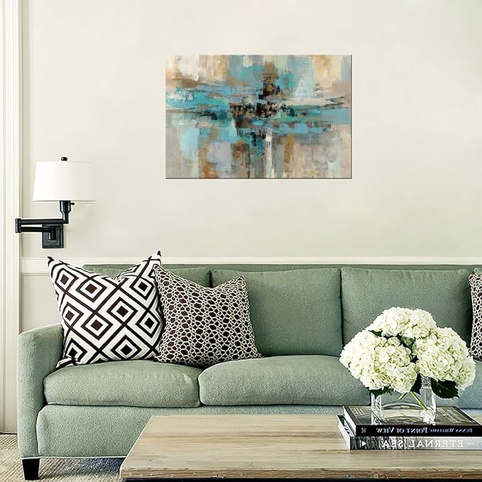 DZL Art A74769 Canvas Prints Abstract Wall Art Print Paintings Blue and Brown Stretched Canvas Wooden Framed for Living Room Bedroom and Office Home Decor Artwork