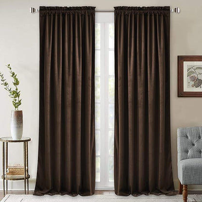 StangH Brown Blackout Velvet Drapes for Living Room 96 inches Long Luxury Home Decor Heat & Sound Reducing Energy Smart Curtains for Bedroom, W52 x L96, 2 Panels