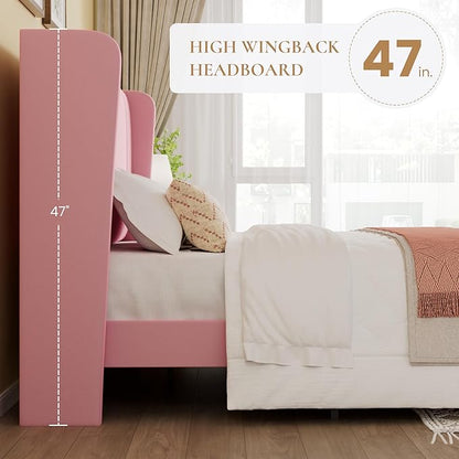 SHA CERLIN Queen Size Velvet Upholstered Platform Bed Frame with Vertical Channel Tufted Wingback Headboard, Wooden Slats Support, Easy Assembly, Under Bed Storage, No Box Spring Required, Pink