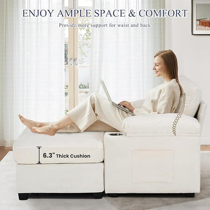 SUNWAVE 58" Chaise Lounge Chair with Ottoman, Chenille Fabric Sofa Bed, Accent Chair with Cupholders & USB Charging Ports for Living Room, Bedroom, Apartment (1 Chaise Ivory)