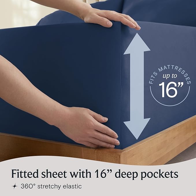 LuxClub 4 PC Queen Sheet Set, Deep Pockets Wrinkle Free Cooling Bed Sheets Hotel Bedding for Women, Men, Includes 1 Fitted Sheet, 1 Flat Sheet and 2 Pillowcases-Silky Soft Navy