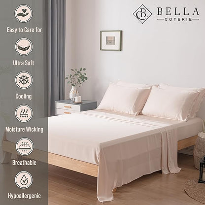 Bella Coterie 6 Piece Luxury Bamboo Viscose King Size Sheet Set | 100% Organically Grown | Cooling for Hot Sleepers | 18" Deep Pocket | Soft & Hypoallergenic | 4 Pillowcases [Champagne]