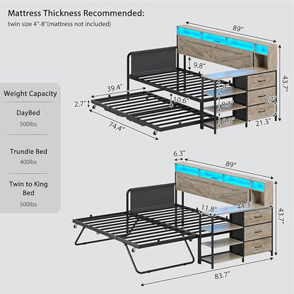 VIAGDO Daybed Twin with Pop Up Trundle, Farmhouse Wooden Day Bed Frame with 3 Storage Drawers and Shelves, Twin to King Daybed with Charging Station and LED Lights for Bedroom, Guest Room, Grey