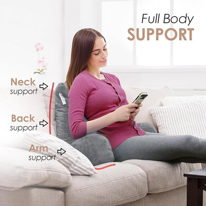 Nestl Reading Pillow with Shredded Memory Foam, Designed for Sitting Up in Bed and Couch, Back and Arms Adjustable Support for Adult & Teens Backrest Pillows for Reading, with Washable Cover Grey