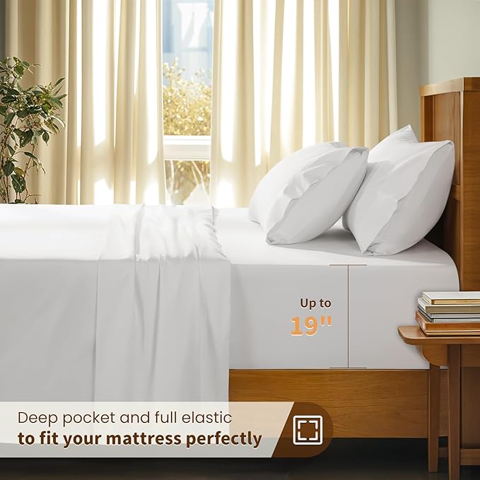 LBRO2M 100% Cotton Sheets Set Deep Pocket 19", 1000 Thread Count King Size 4 Piece Bed Sheet Sets Soft Comfortable Bedding All Season (King, White)