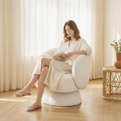 Swivel Accent Chair, Modern 360 Degree Swivel Barrel Chair with Arms & Curved Back and Lumbar Support Cushion, Comfy Round Single Boucle Sofa for Small Space, Living Room, Bedroom, White