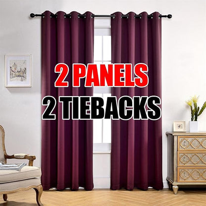MIUCO Room Darkening Grommet Thermal Insulated Blackout Window Curtains Panels for Bedroom Set of 2 52x95 Inch Aubergine, Bonus 2 Tie Backs Included
