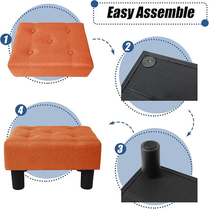 BRIAN & DANY Small Foot Stool, Linen Foot Stools with Legs, Stable Small Footstool for Living Room, Orange