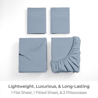 Mellanni Twin Sheet Set - 4-Piece Iconic Collection Bedding, (Including 2 Pillowcases), 16-Inch Deep Pocket, Easy Care, Extra Soft, Cooling Sheets, Brushed Microfiber - Blue Hydrangea