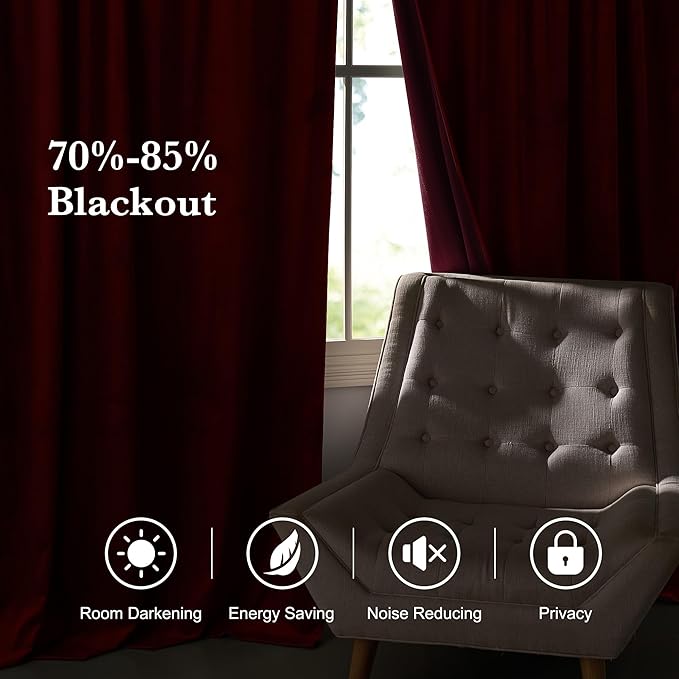 RYB HOME Burgundy Red Velvet Curtains for Christmas Decor, Soft Luxury Backdrops for Studio Theater, Back Tab Design for Bedroom Living Room, 42" W x L72 L, 2 Panels Set