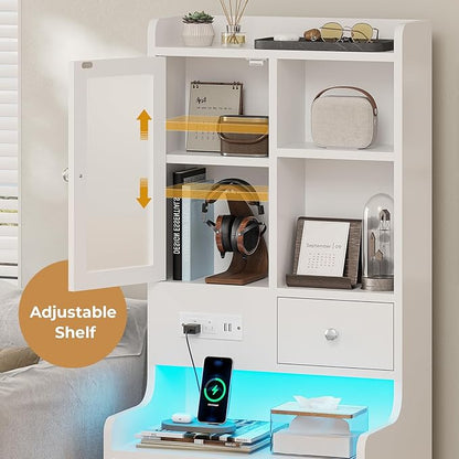ADORNEVE Tall Night Stand with Charging Station and LED Lights,49.2" Nightstand with Bookshelf, White Bedside Table with Drawers,End Side Table for Bedrooms