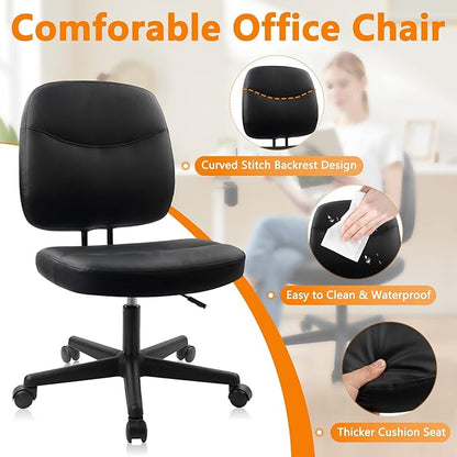 CLATINA Armless Home Office Chair, Small PU Leather Ergonomic Low Back Desk Chair with Lumbar Support and Wheels, Adjustable Height 360° Swivel Rolling Computer Task Chair, Black, 4 Pack