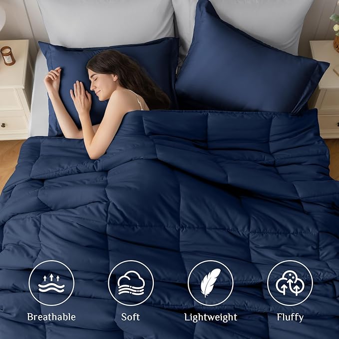 JOLLYVOGUE Full Comforter Set, Ultra-Soft Bed in a Bag Full Size 7 Pieces, Oeko-TEX Certified Bedding Set with Down Alternative Comforter, Sheets, Pillowcases & Shams, Navy Blue & Light Grey