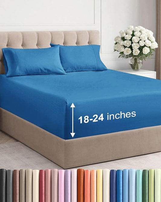 Extra Deep Twin XL Sheet Set - 4 Piece Breathable and Cooling Sheets - Hotel Luxury Bed Sheets Set - Easy Fit - Soft, Wrinkle Free and Comfy Sheets Set - Denim Blue Sheet Set with Extra Deep Pockets