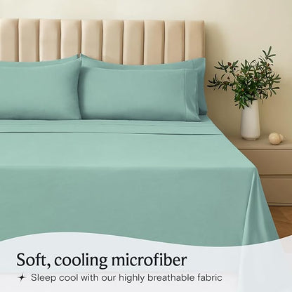 LuxClub 4 PC King Sheet Set, Deep Pockets Wrinkle Free Cooling Bed Sheets Hotel Bedding for Women, Men, Includes 1 Fitted Sheet, 1 Flat Sheet and 2 Pillowcases-Soft Light Teal