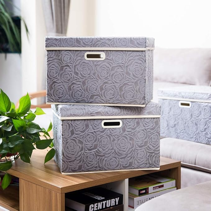 PRANDOM Large Storage Boxes with Lids [5-Pack] Fabric Decorative Storage Bins Cubes Organizer Containers Baskets with Handles for Closet Grey 17.5x11.8x11.8 In For 6+ Year Old Boys and Girls