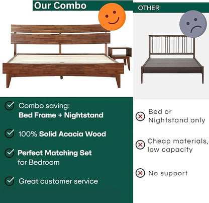 Acacia Aurora King Solid Wood Bed Frame with Headboard – Gift Matching Nightstand Included, Mid-Century Modern Farmhouse, Walnut Finish, 800 lbs Capacity, Sturdy, No Box Spring, Easy Assembly