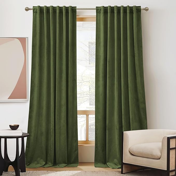 RYB HOME Olive Green Velvet Curtains 90 inches Long - Room Darkening Luxury Window Treatment Privacy Thermal Insulated Backdrops for Living Room, 52 inch x 90 inches, 2 Panels Set