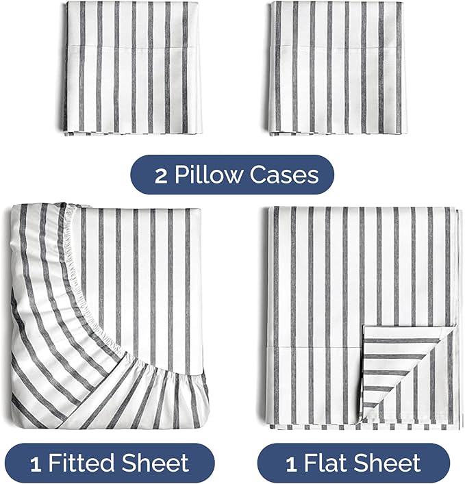 Twin 4 Piece Sheet Set - Cooling, Comfy & Breathable - Hotel Luxury Bedding, Includes Fitted Sheet for Women, Men, Kids & Teens - 1 Flat, 1 Fitted Sheet, 2 Pillowcases w/Deep Pockets - Grey Stripes