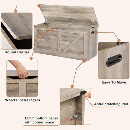 Timberer 39.4" Storage Chest, Wooden Storage Bench, Large Storage Trunk with 2 Safety Hinges, Entryway Shoes Bench for Living Room, Bedroom, Grey