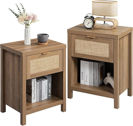SICOTAS Rattan Nightstands Set of 2 - Farmhouse Night Stand with Drawer and Storage Shelf - Boho Bedside Table End Side Table for Bedroom, Oak