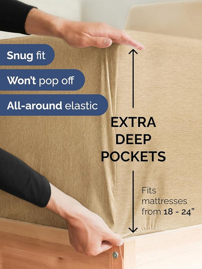 Extra Deep Split King Sheet Set - 7 Piece Breathable & Cooling Sheets - Hotel Luxury Bed Sheets Set - Easy Fit - Soft, Wrinkle Free & Comfy Sheets Set - Heathered Tan Sheet Set w/Extra Deep Pockets