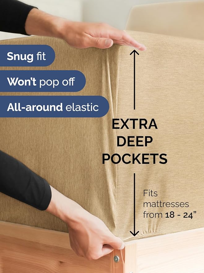 Extra Deep Twin Sheet Set - 4 Piece Breathable and Cooling Sheets - Hotel Luxury Bed Sheets Set - Easy Fit - Soft, Wrinkle Free and Comfy Sheets Set - Heathered Tan Sheet Set with Extra Deep Pockets