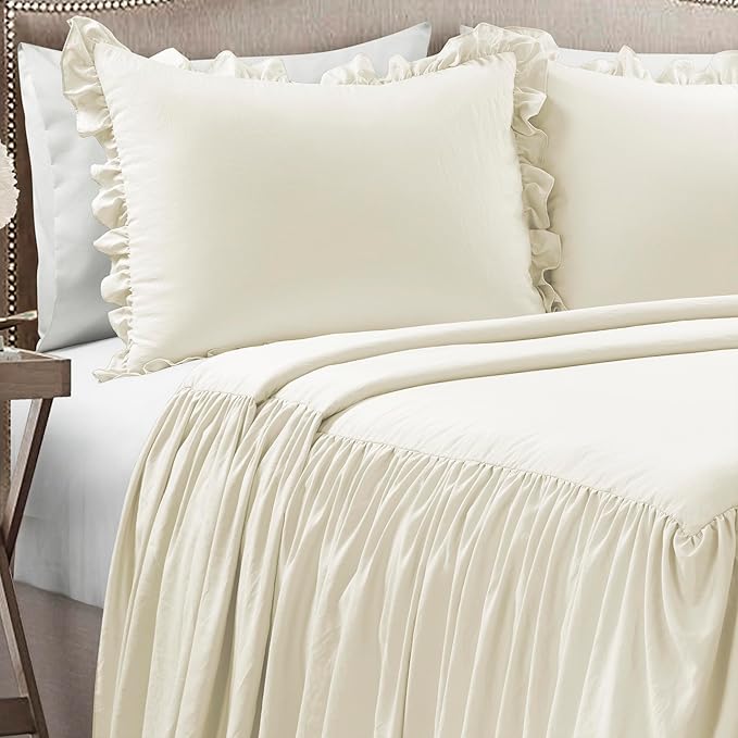 Lush Decor Ruffle Skirt Bedspread Set - 3 Piece Luxurious Farmhouse Bedding Set - Elegant, Charming Ruffle Detail - Timeless Style & Classic Design - Soft and Lightweight - Full, Ivory
