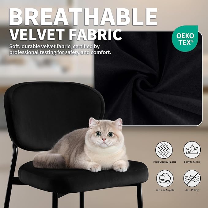 Black Dining Chairs Set of 4 Velvet Upholstered Kitchen & Dining Room Chairs Modern Crescent-Shaped Backrest Accent Side Chairs with Swivel Leveling Feet for Restaurant/Dining Table/Home