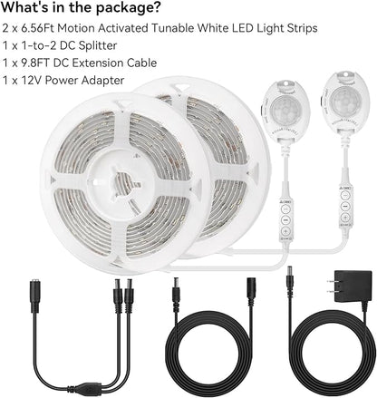 Motion Sensor Under Bed Lights, 2x6.56ft 3000K-6500K White Motion Activtaed LED Strip Lights with Auto-Off Timer, IP65 Waterproof Motion Sensor LED Light Strip for Bedroom Cabinet Stair Closet Mirror