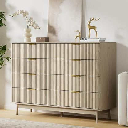 LYNSOM Fluted Dresser and Nightstand Sets 3 Piece, 9-Drawers Dresser and 1-Drawer Nightstands Set of 2, Wood Bedroom Furniture Set for Home, Bedroom, Hallway, Beige