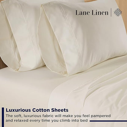 LANE LINEN 600 Thread Count 100% Cotton Bedding Sheet & Pillowcases California King, Soft & Comfy Sateen Weave Hotel Style Thick California King Sheets Set, Machine Wash - Ivory