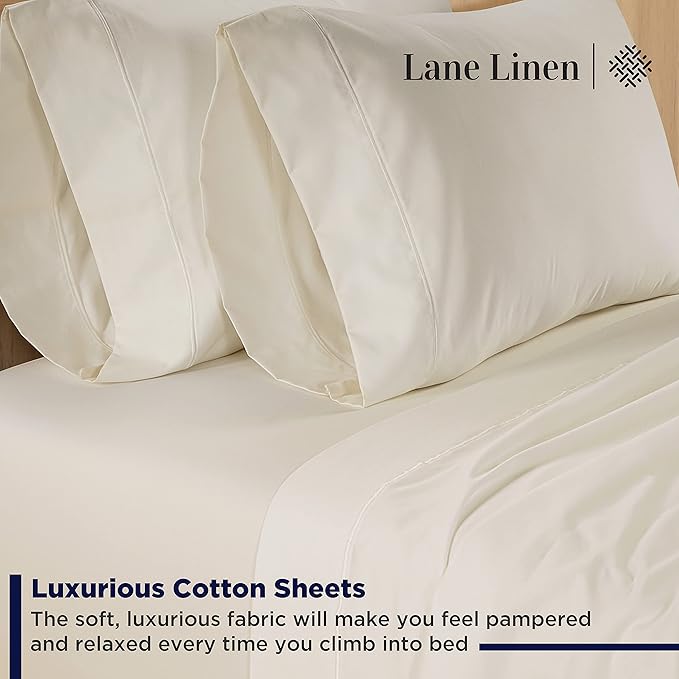 LANE LINEN 100% Cotton Full Size Sheets Set 600 Thread Count, Luxury Hotel Style Sateen Weave for Silky Soft Finish, Machine wash Bedding Sheets & Pillowcase Set, Deep Pocket Full Sheets - Ivory