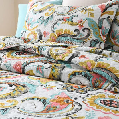 Cotton Bedspread Quilt Sets Reversible Bedding Coverlet Sets Comforter Paisley Floral Bedspread (White Paisley Floral, Queen Size)