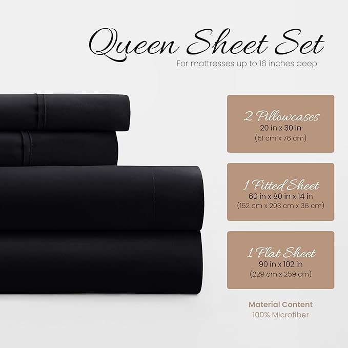 Linen Market Brushed Microfiber Queen Sheet Set 4 Piece – Oeko-TEX Certified Ultra Soft & Wrinkle-Free - 16" Deep Pocket Sheets - Easy Care Queen Size - Black