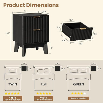Fluted Nightstand,Modern End Table with Metal Handle,2 Storage Drawers Side Table,Bedside Table for Bedroom,Wood Nightstands,Curved Profile Design Furnitue,Black