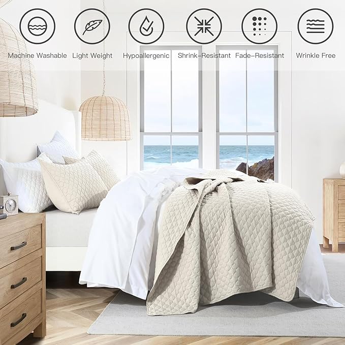 HORIMOTE HOME Quilt Set Twin Size Beige Bedspread, Modern Style Quilted Clouds Pattern Soft Coverlet Set Lightweight Microfiber Quilted Bedspread for All Season, Includes 1 Quilt and 1 Pillow Sham