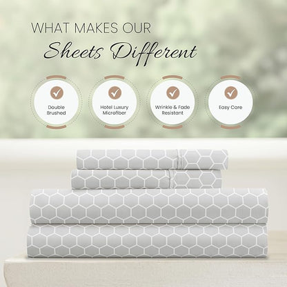 Linen Market Double-Brushed Patterned Microfiber Twin XL Sheet Set 3 Piece – Oeko-TEX Certified Ultra Soft & Wrinkle-Free - 16" Deep Pocket Sheets - Easy Care Twin XL Size - Honeycomb Light Gray