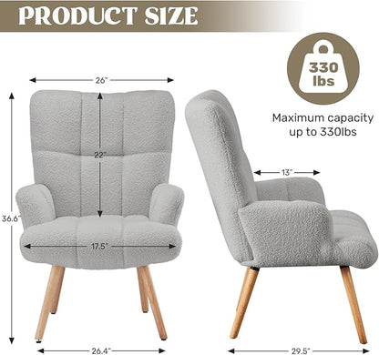 Joysoul Modern Accent Chair, High Back Arm Chair with Wood Legs Sofa Seat Teddy Fleece Fabric Reading Chair for Living Room Bedroom Waiting Room (Light Gray)