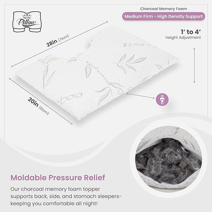 Wife Pillow - Topper, Rayon Shell/Charcoal Shredded High Density Memory Foam Filling. Adjustable for Side Sleepers by Zipper Access to Add/Remove Fill for Best Sleeping: High Denisty Support