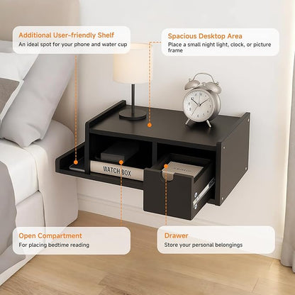 Floating Nightstand with Drawer & Shelf,Wall Mounted Bedside Table for Small Bedrooms,Modern Black End Table with Space Saving Design（Black）