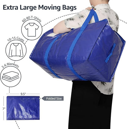 Moving Bags Heavy Duty Extra Large, Moving Boxes, Moving Supplies Essentials, Blue Storage Bins with Lids, Plastic Packing Totes, Storage Bags for Clothes with Handles & Zippers(Blue, 4 Pack)