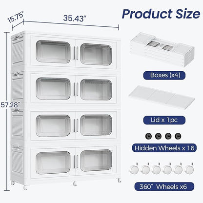 200 Gallon Extra Large Storage Bin with Lid and Wheels, Stackable Collapsible Plastic Storage Box with Door, Foldable Organizer for Closet, Kitchen, Office, Living Room, 4 Pack White