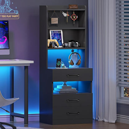 VIAGDO Tall Nightstand with Charging Station and LED Lights, Large Black Night Stand with Bookshelf, Modern LED Bedside Table with 3 Drawers and Storage Shelves, End Side Table for Bedrooms, Dorms