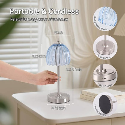 Tulip Table Lamp with 5200mAh Battery & Touch Control, Cordless Small Table Lamp with 3 Colors, Dimmable Rechargeable Table Lamps for Living Room, Bedroom, Bedside (Clear Light Blue Tulip)