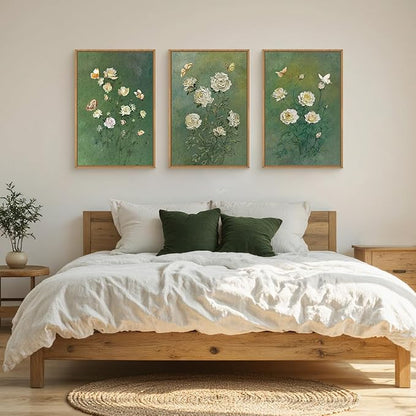 LHIUEM Vintage Moody White Roses Framed Canvas Wall Art,Abstract Flower Green Wall Decor,Nature Floral Butterfly Wall Painting,Aesthetic Blossom Artwork for Living Room,Dining Room,Office-16 x24 x3