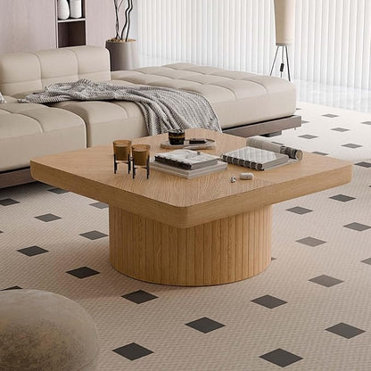 Modern Square Coffee Table with Cylindrical Base, Wood Coffee Table with Parquet Pattern & Thickened Tabletop, Center Table Tea Table for Living Room Apartment, 34.6''L×34.6''W×14.9''H, Natural